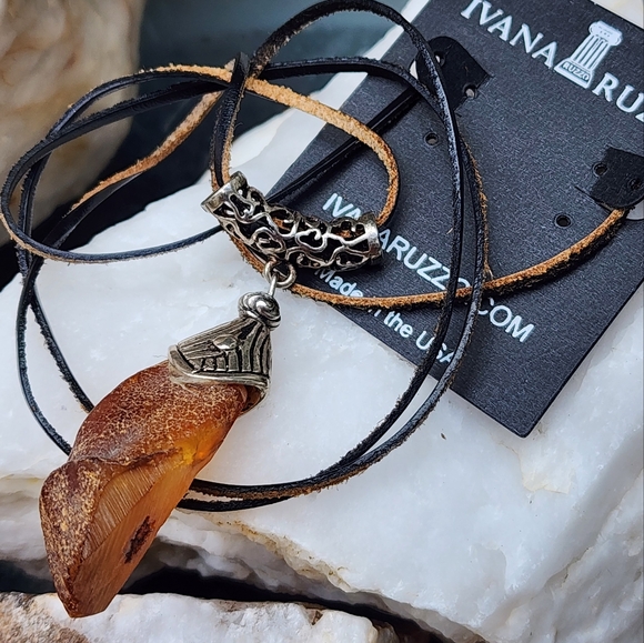 Natural Amber Jewelry Real Raw Nugget Silver Leather Designer Boho - Picture 1 of 11